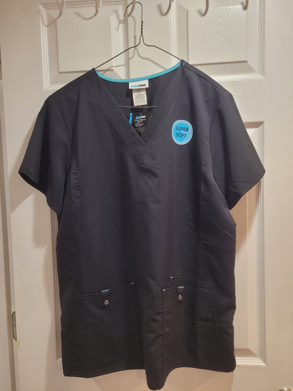 Scrubstar Black V-Neck Scrub Top with Teal Trim